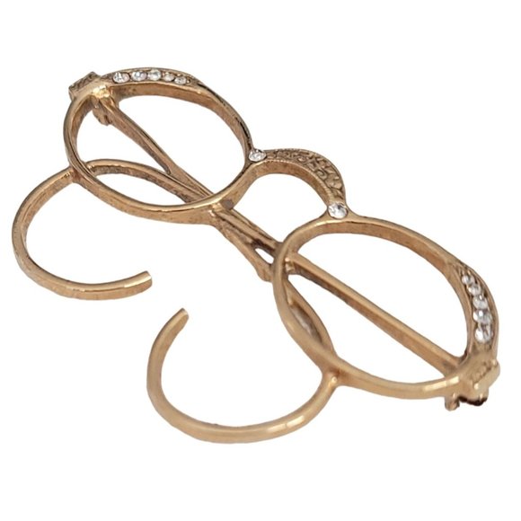 1928 Brand Gold Tone Clear Rhinestone Spectacles Eye Glass Brooch Pin K810 - Picture 3 of 7